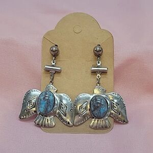 Thunderbird Dangle Drop Earrings With Blue Purple Oval Bead Southwestern Tribal